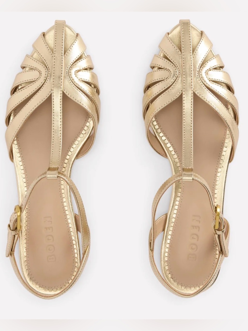 NIB Boden Gold Leather Metallic Caged T-Strap Sandals Flats 38 US 7